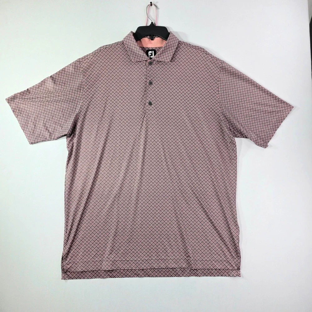 FootJoy Mens Golf Polo Shirt 2XL Coral Navy Geometric Diamond Print
